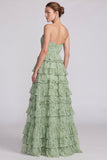 Strapless A line Tiered Brown Maxi Formal Dress