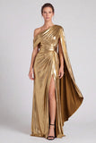 One Shoulder Gold Metallic Sheath Maxi Formal Dress