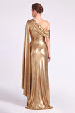 One Shoulder Gold Metallic Sheath Maxi Formal Dress