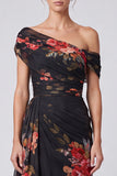 One Shoulder A Line Floral Ivory Maxi Formal Dress