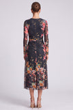 Long Sleeve Black A Line Floral Chiffon Midi Formal Dress