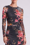Long Sleeve Black A Line Floral Chiffon Midi Formal Dress