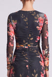 Long Sleeve Black A Line Floral Chiffon Midi Formal Dress