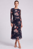 Long Sleeve Black A Line Floral Chiffon Midi Formal Dress