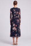 Long Sleeve Black A Line Floral Chiffon Midi Formal Dress