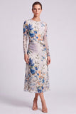 Long Sleeve Black A Line Floral Chiffon Midi Formal Dress
