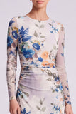 Long Sleeve Black A Line Floral Chiffon Midi Formal Dress