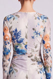Long Sleeve Black A Line Floral Chiffon Midi Formal Dress