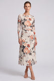 Long Sleeve Black A Line Floral Chiffon Midi Formal Dress