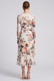 Long Sleeve Black A Line Floral Chiffon Midi Formal Dress
