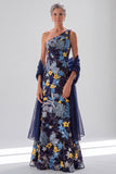 One Shoulder A Line Sequins Floral Navy Maxi Mother of the Bride Dress