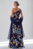 One Shoulder A Line Sequins Floral Navy Maxi Mother of the Bride Dress