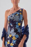 One Shoulder A Line Sequins Floral Navy Maxi Mother of the Bride Dress