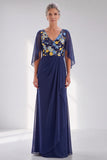 Floral Navy V-Neck Sheath Chiffon Maxi Mother of the Bride Dress