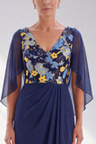 Floral Navy V-Neck Sheath Chiffon Maxi Mother of the Bride Dress