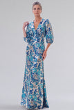 Blue Floral Mermaid Maxi Mother of the Bride Dress With Half Sleeves