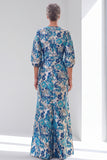 Blue Floral Mermaid Maxi Mother of the Bride Dress With Half Sleeves