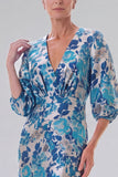 Blue Floral Mermaid Maxi Mother of the Bride Dress With Half Sleeves