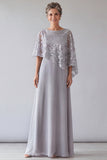 Sequins A Line Silver Grey Maxi Mother of the Bride Dress With Cape