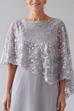 Sequins A Line Silver Grey Maxi Mother of the Bride Dress With Cape