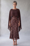 Dark Brown Sequins Cape Sleeve Mermiad Midi Mother Of The Bride Dress