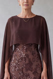 Dark Brown Sequins Cape Sleeve Mermiad Midi Mother Of The Bride Dress