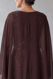 Dark Brown Sequins Cape Sleeve Mermiad Midi Mother Of The Bride Dress