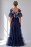 V-Neck Navy Tulle Floral A-Line Long Mother Of The Bride Dress