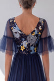 V-Neck Navy Tulle Floral A-Line Long Mother Of The Bride Dress