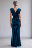 Peacock Blue Ruched Sheath V-Neck Long Mother Of The Bride Dress