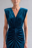 Peacock Blue Ruched Sheath V-Neck Long Mother Of The Bride Dress