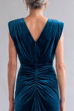 Peacock Blue Ruched Sheath V-Neck Long Mother Of The Bride Dress