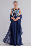 Floral Navy A-Line Boat Neck Maxi Mother Of The Bride Dress