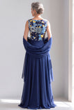 Floral Navy A-Line Boat Neck Maxi Mother Of The Bride Dress