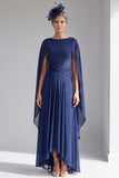 Navy Boat Neck Cape Sleeve A-Line Maxi Mother Of The Bride Dress