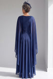 Navy Boat Neck Cape Sleeve A-Line Maxi Mother Of The Bride Dress