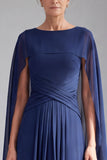 Navy Boat Neck Cape Sleeve A-Line Maxi Mother Of The Bride Dress