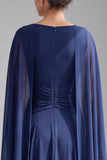 Navy Boat Neck Cape Sleeve A-Line Maxi Mother Of The Bride Dress
