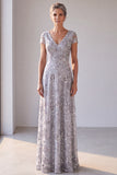 Floral Sequins Silver Grey A-Line V-Neck Maxi Mother Of The Bride Dress