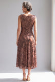 Dark Brown Sequins A-Line Boat Neck Midi Mother Of The Bride Dress
