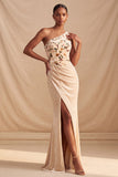 One Shoulder Corset Mermaid Floral Champagne Maxi Formal Dress