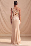 One Shoulder Corset Mermaid Floral Champagne Maxi Formal Dress