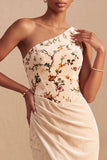 One Shoulder Corset Mermaid Floral Champagne Maxi Formal Dress