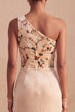 One Shoulder Corset Mermaid Floral Champagne Maxi Formal Dress
