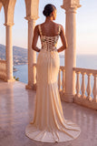 Corset Mermaid Floral Champagne Thick Straps Maxi Formal Dress