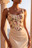Corset Mermaid Floral Champagne Thick Straps Maxi Formal Dress