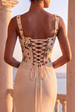 Corset Mermaid Floral Champagne Thick Straps Maxi Formal Dress