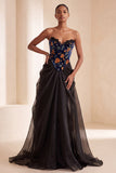 Strapless Corset Floral A Line Ruched Maxi Black Tie Dress