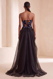 Strapless Corset Floral A Line Ruched Maxi Black Tie Dress