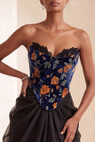 Strapless Corset Floral A Line Ruched Maxi Black Tie Dress